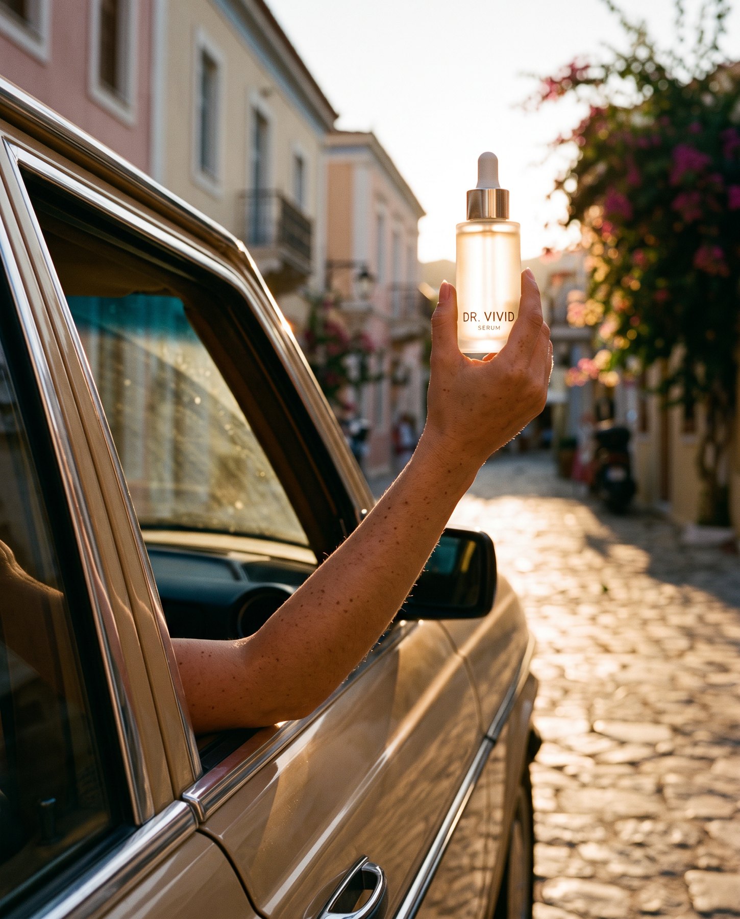 The serum on a car dashboard, at sunset